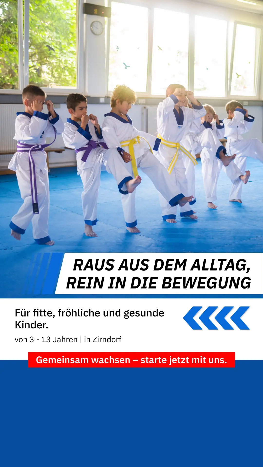 Ad-Creative für die Sportschule DEFCON in Zirndorf: raus aus dem Alltag, rein in die Bewegung — Kindertraining von 3 bis 13 Jahren