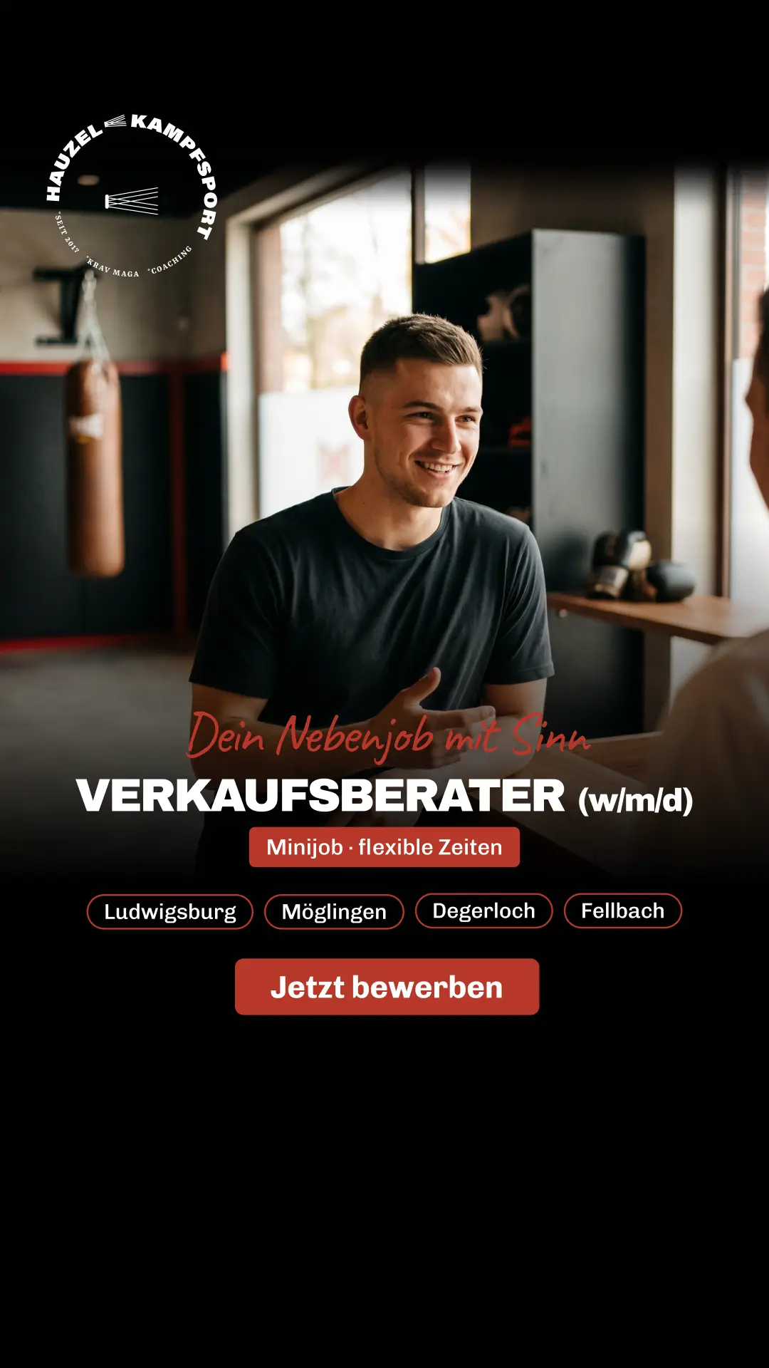 Recruiting-Ad für Hauzel Kampfsport: Verkaufsberater/in als Nebenjob mit flexiblen Zeiten