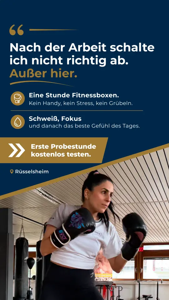 Ad-Creative für Wing Tsun Rüsselsheim: Fitnessboxen als Ausgleich nach der Arbeit