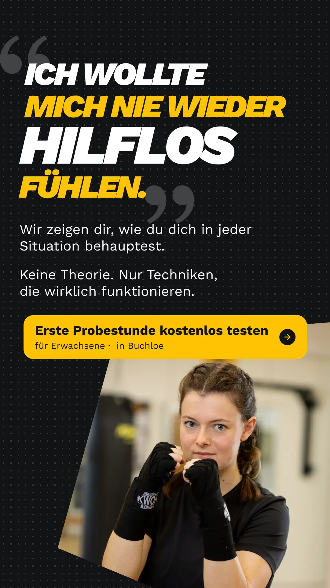 Ad-Creative für die Sportschule Kratzer in Buchloe: Selbstverteidigung für Erwachsene — Techniken statt Theorie
