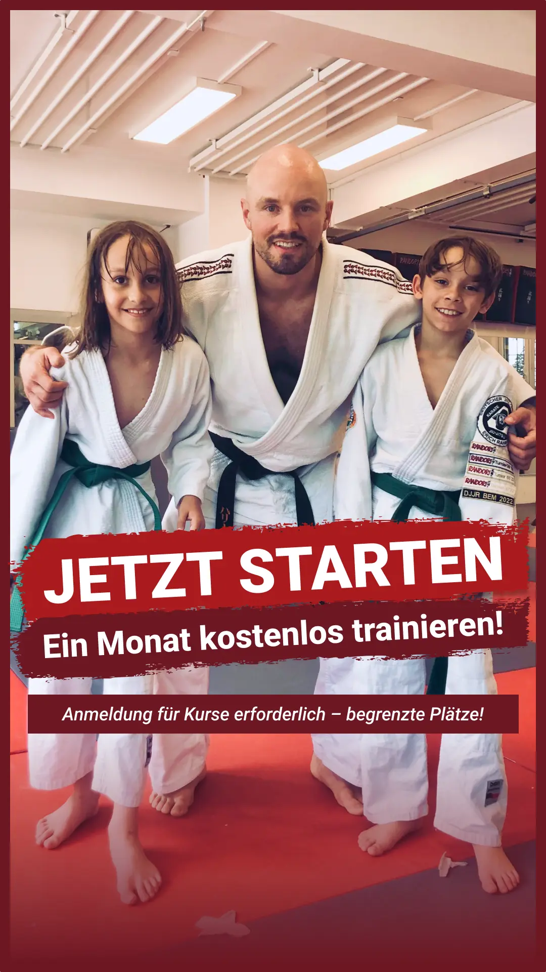 Ad-Creative für Randori Berlin zur Neueröffnung in Mariendorf: einen Monat kostenlos trainieren, Anmeldung für Kurse erforderlich