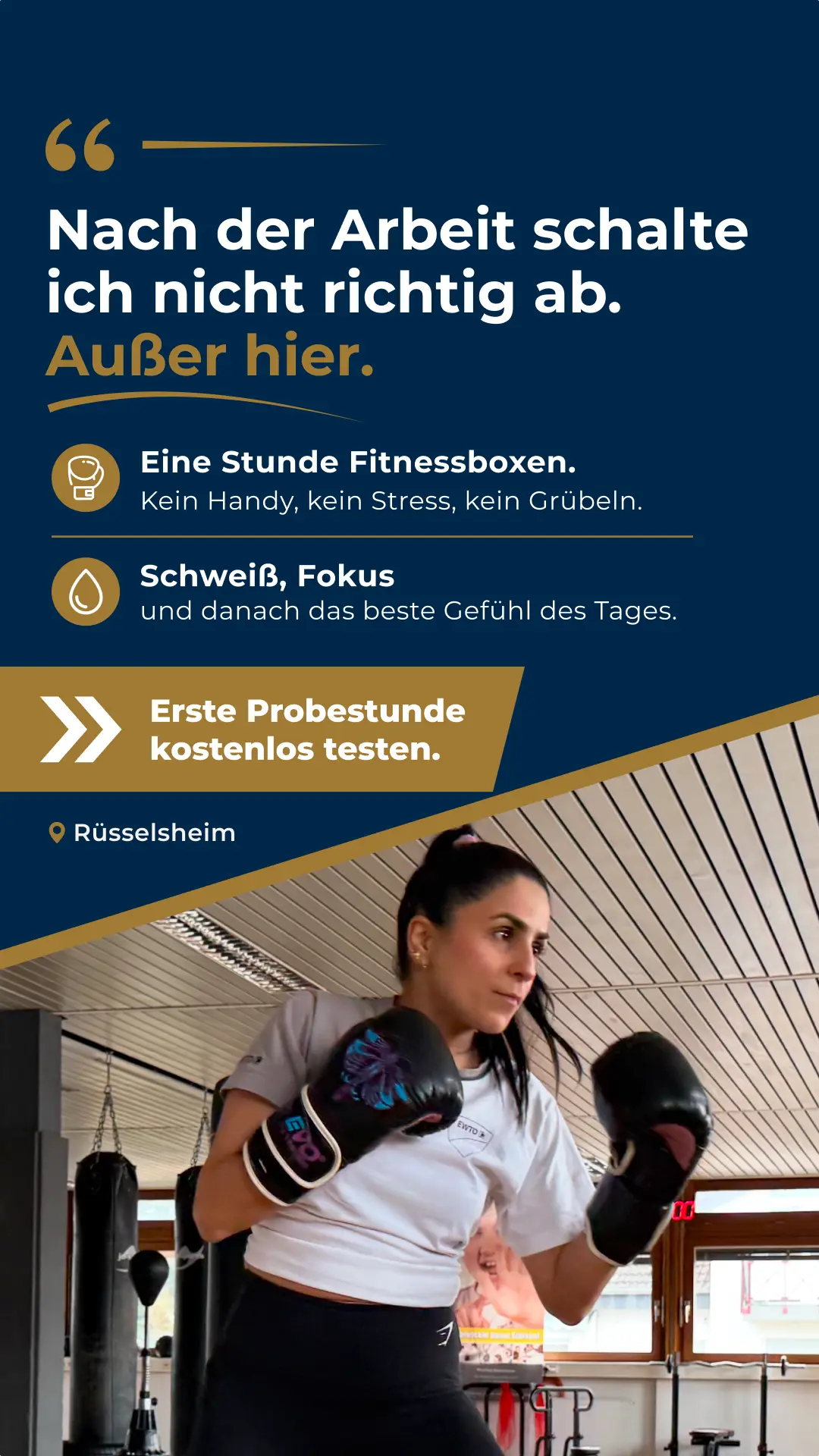 Ad-Creative für Wing Tsun Rüsselsheim: Fitnessboxen als Ausgleich nach der Arbeit