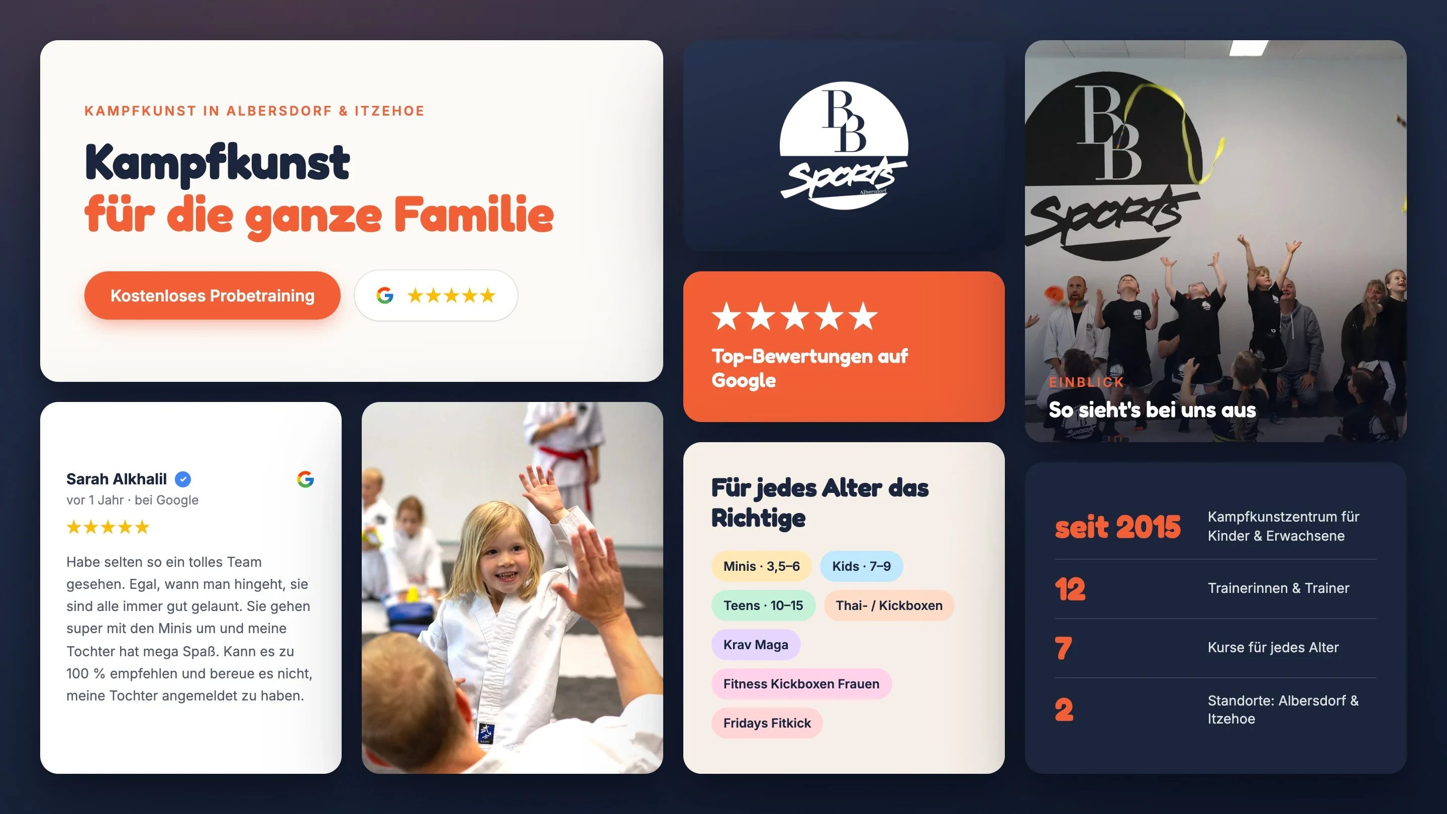 Die Elemente der Seite als Mosaik auf dunkelblauem Grund: der Hero, das Logo, eine Google-Stimme, Fotos aus dem Training, die Kurse als farbige Chips und die Eckdaten der Schule.