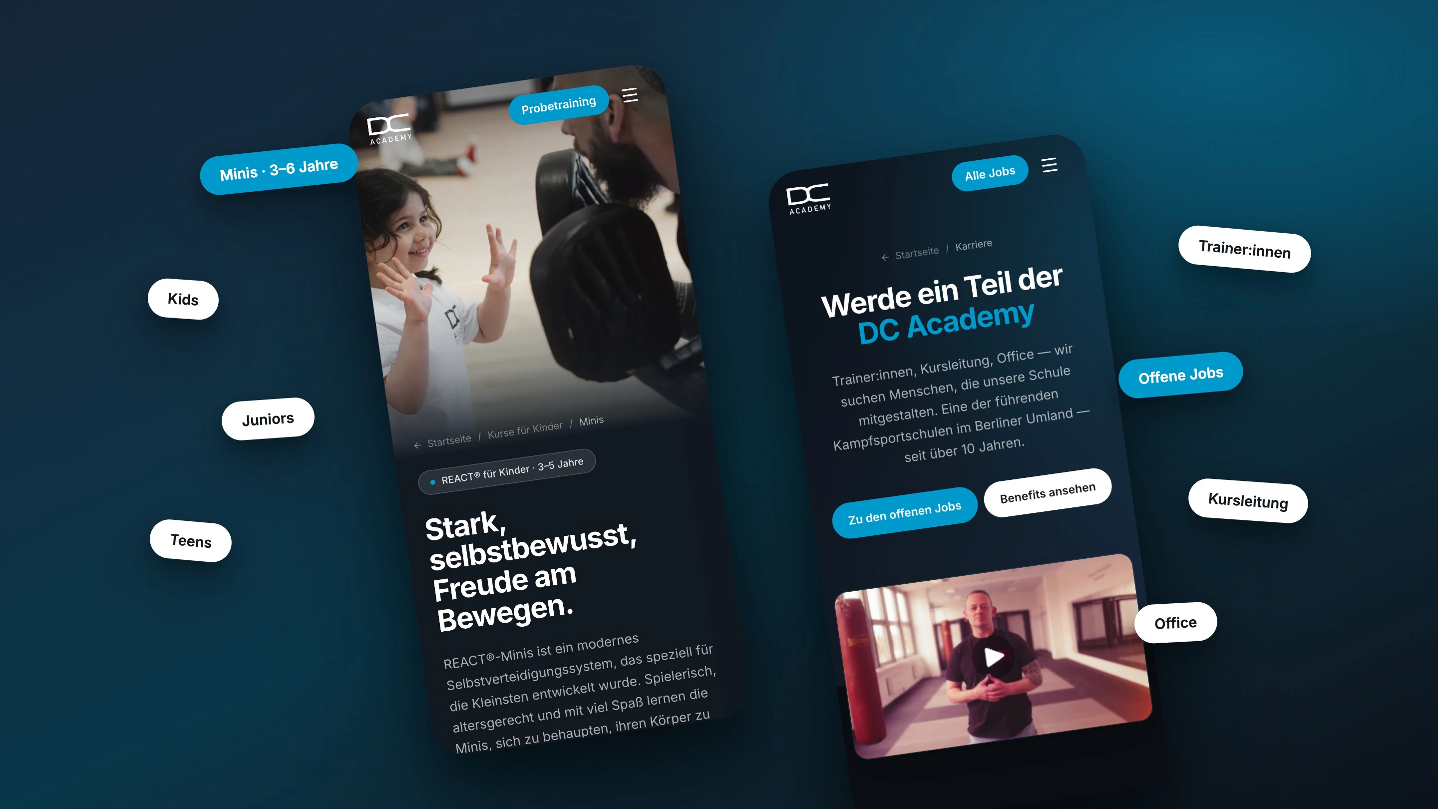 Zwei Handys nebeneinander: die Kursseite der Minis ab drei Jahren und die Karriereseite mit den offenen Stellen, umgeben von den Kursstufen und den gesuchten Rollen.