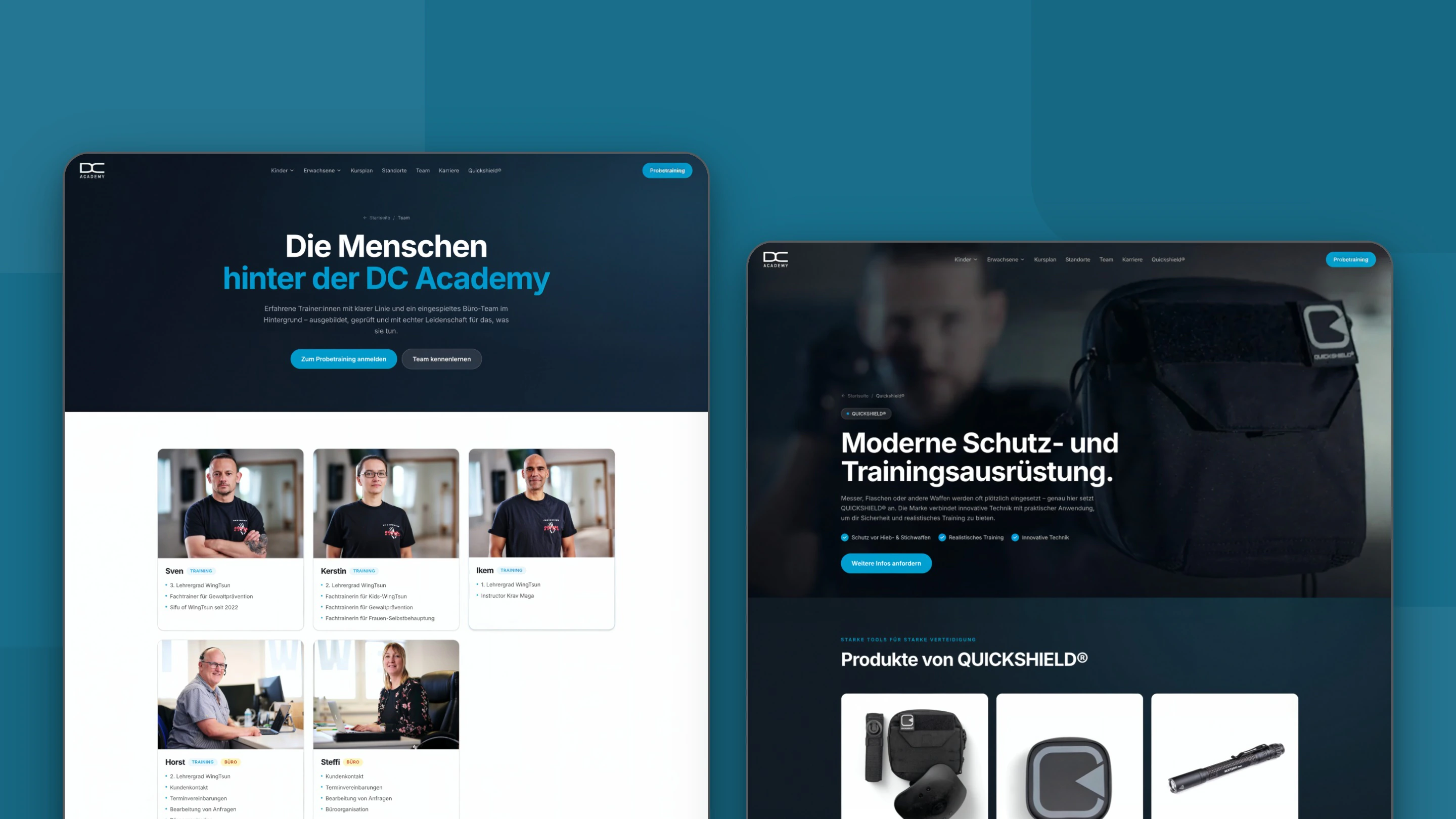 Die Teamseite mit Trainerinnen, Trainern und Büro, daneben der Bereich der eigenen Ausrüstungsmarke Quickshield®.