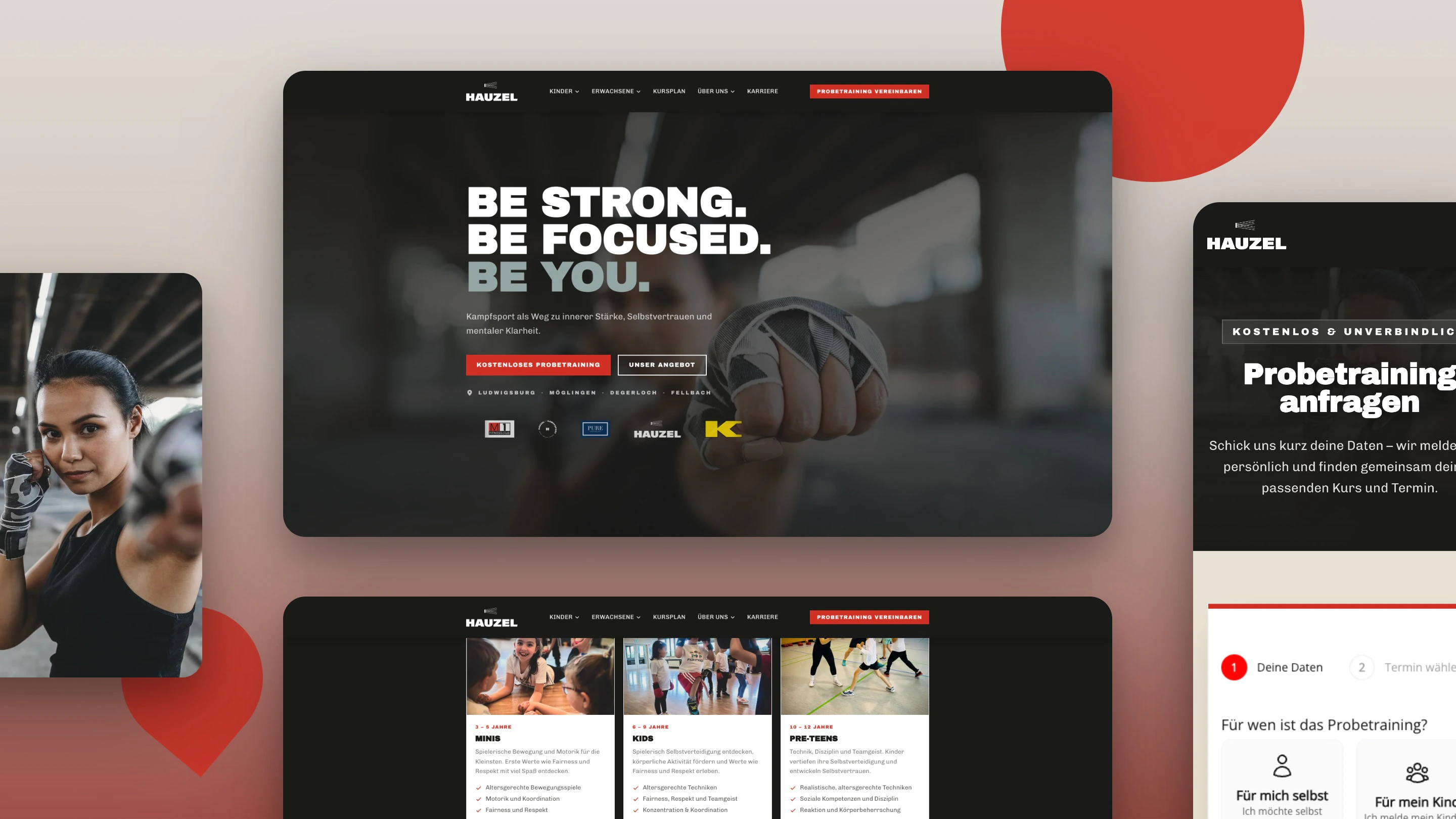 Die Startseite auf dem Rechner mit großem Trainingsfoto und „Be strong. Be focused. Be you.“, daneben die Probetraining-Anfrage auf dem Handy.