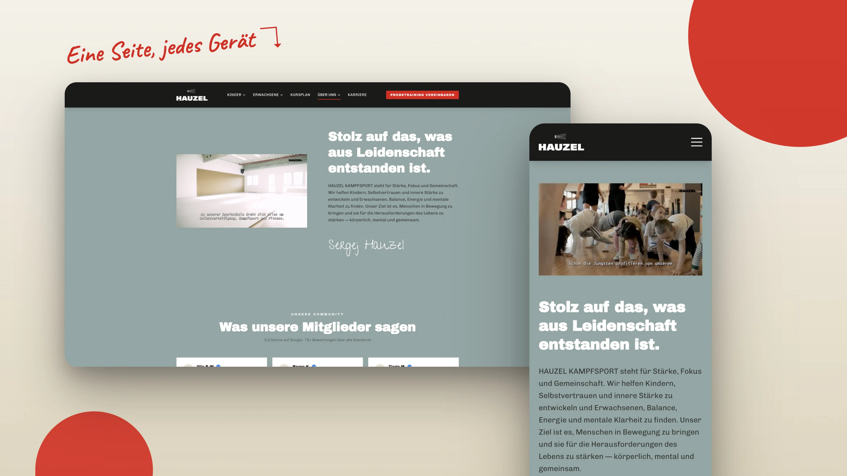 Die Seite „Über uns“ auf Rechner und Handy nebeneinander — eine Seite, jedes Gerät.