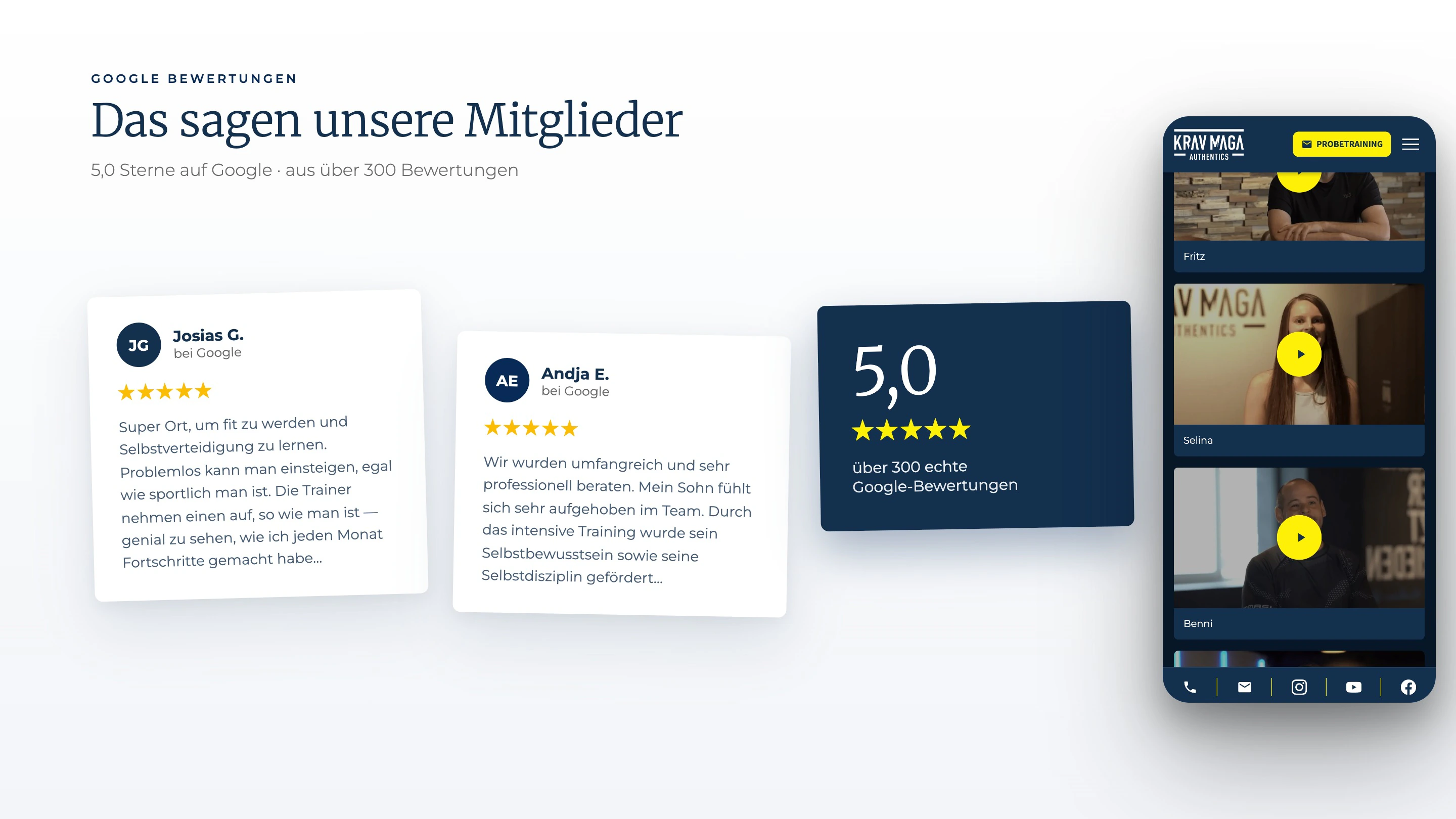 Der Bewertungs-Abschnitt auf heller Fläche: zwei Google-Stimmen und die 5,0 aus über 300 Bewertungen, daneben die Video-Stimmen der Mitglieder auf dem Handy.