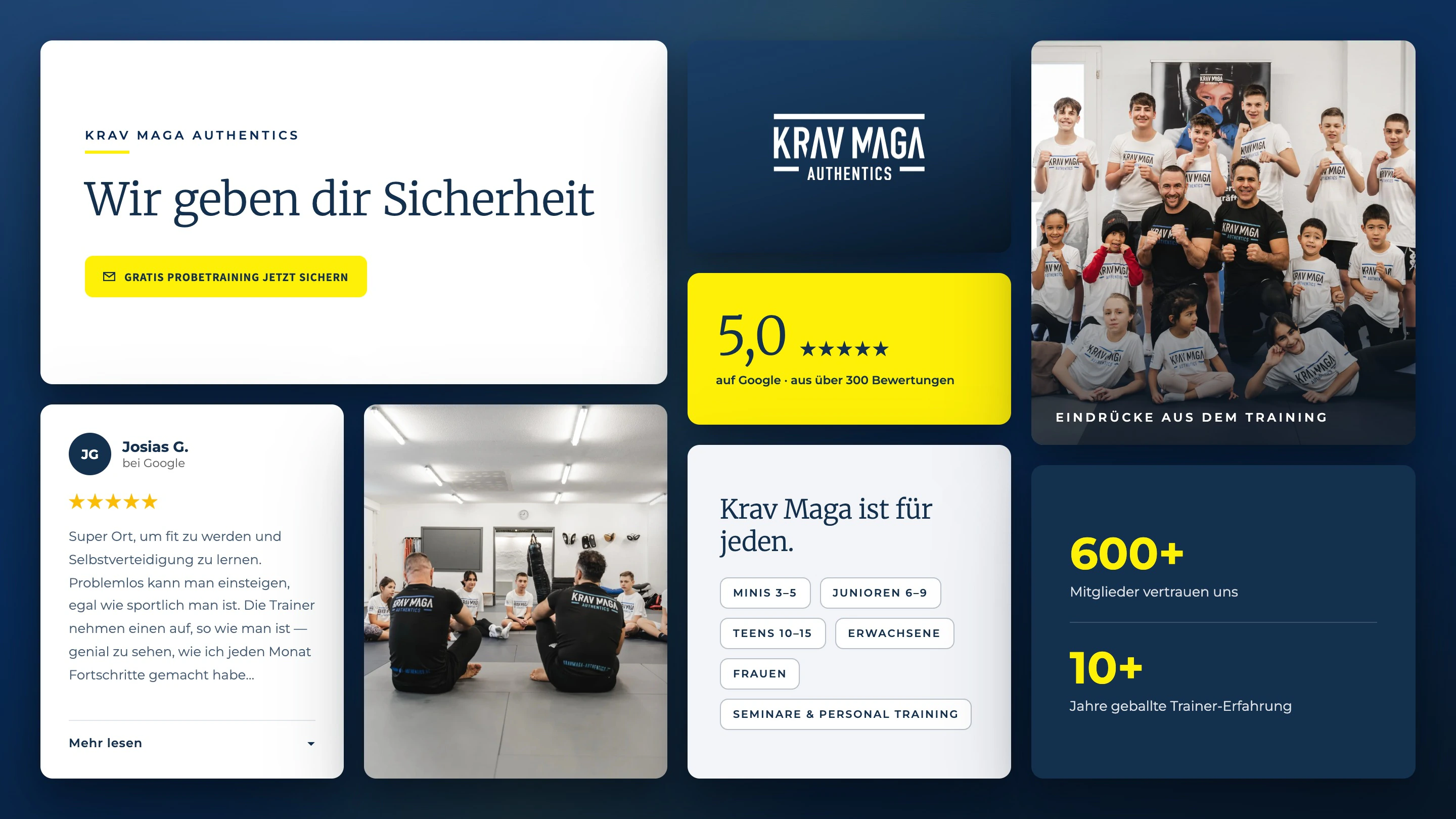 Die Seiten als Mosaik auf dunkelblauem Grund: Startseite, Wortmarke, die Teens-Kursseite, Krav Maga für Frauen auf dem Handy und die Trainingseindrücke.