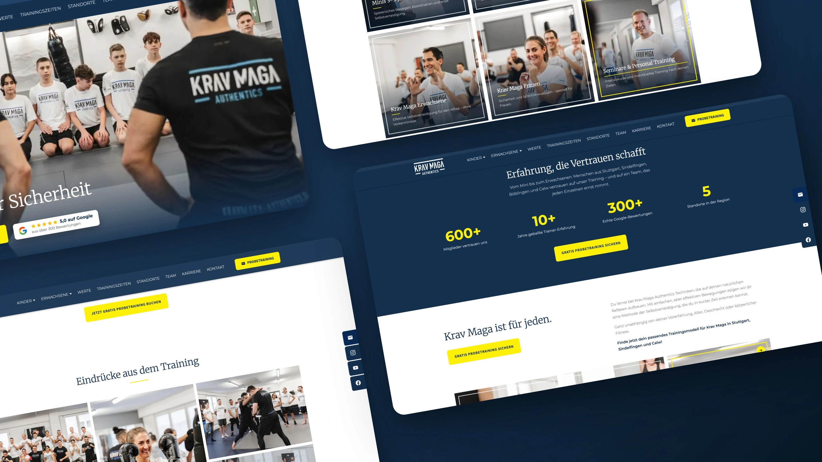 Drei Desktop-Ansichten schräg versetzt auf dunkelblauem Grund: die Startseite, die Kennzahlen der Schule und die Kursübersicht mit den Trainingseindrücken.
