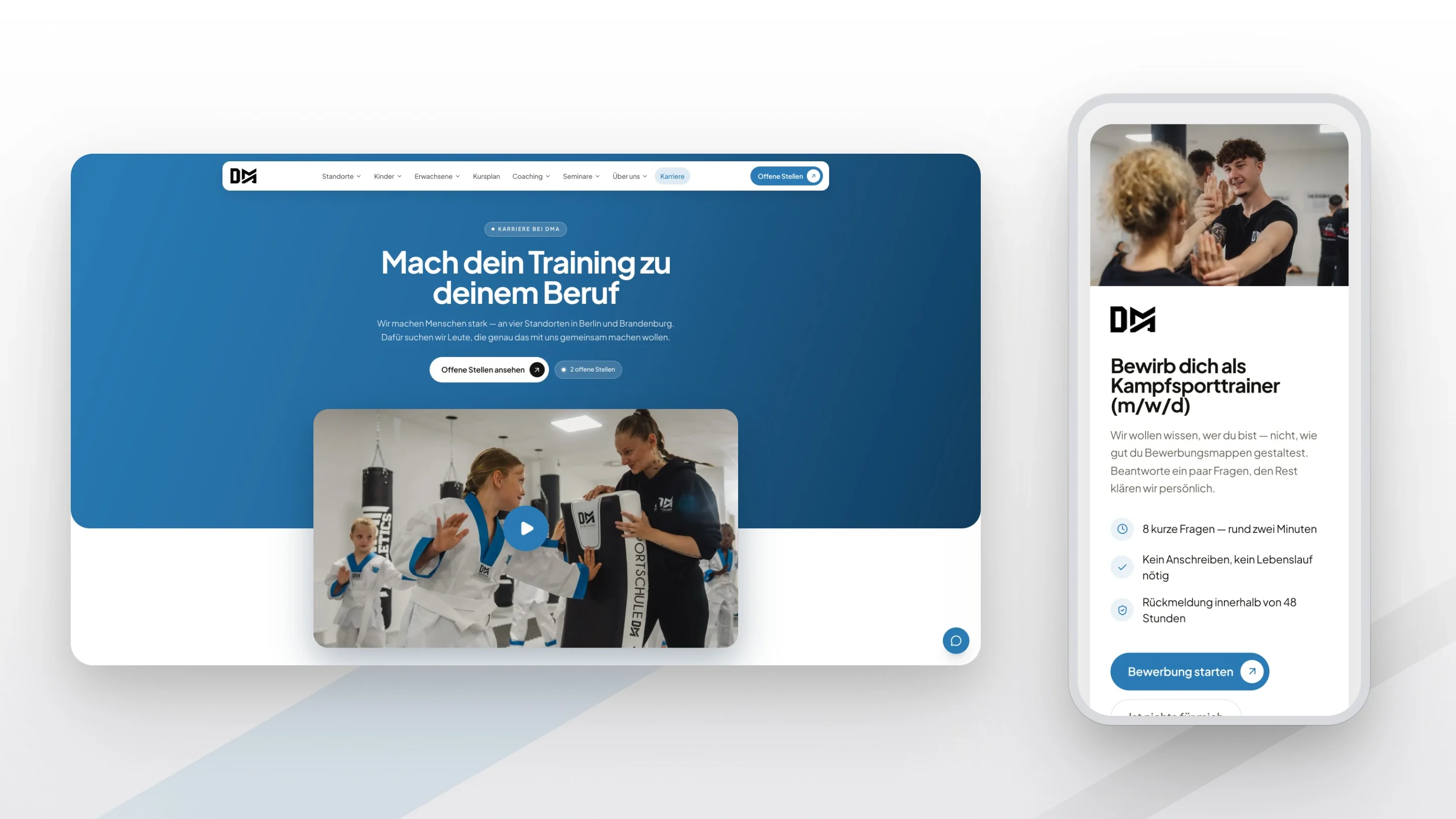Der Karrierebereich auf heller Fläche: auf dem Rechner „Mach dein Training zu deinem Beruf“ mit einem Video aus dem Training, auf dem Handy der Einstieg in die Bewerbung als Kampfsporttrainer mit acht kurzen Fragen.