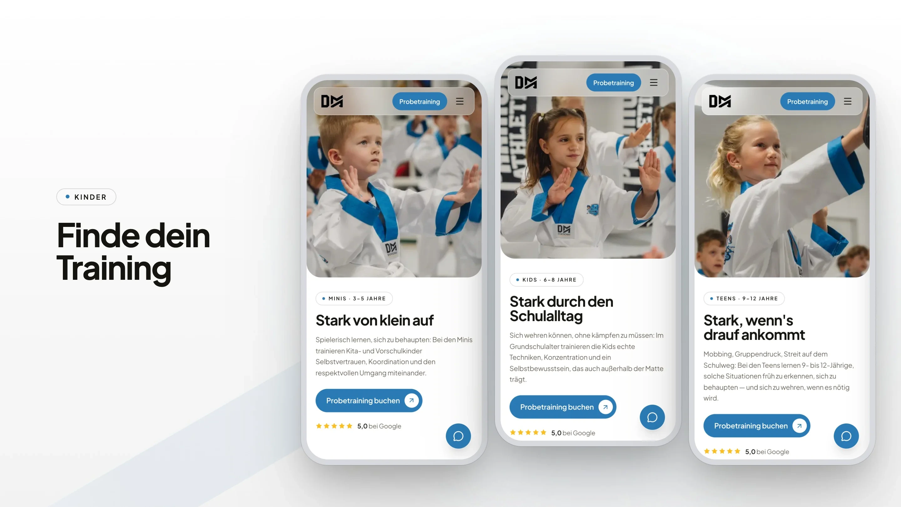 Drei Handy-Ansichten der Kinderkurse auf heller Fläche, daneben „Finde dein Training“: die Minis von 3 bis 5, die Kids von 6 bis 8 und die Teens von 9 bis 12 Jahren, jede mit eigenem Weg zum Probetraining.