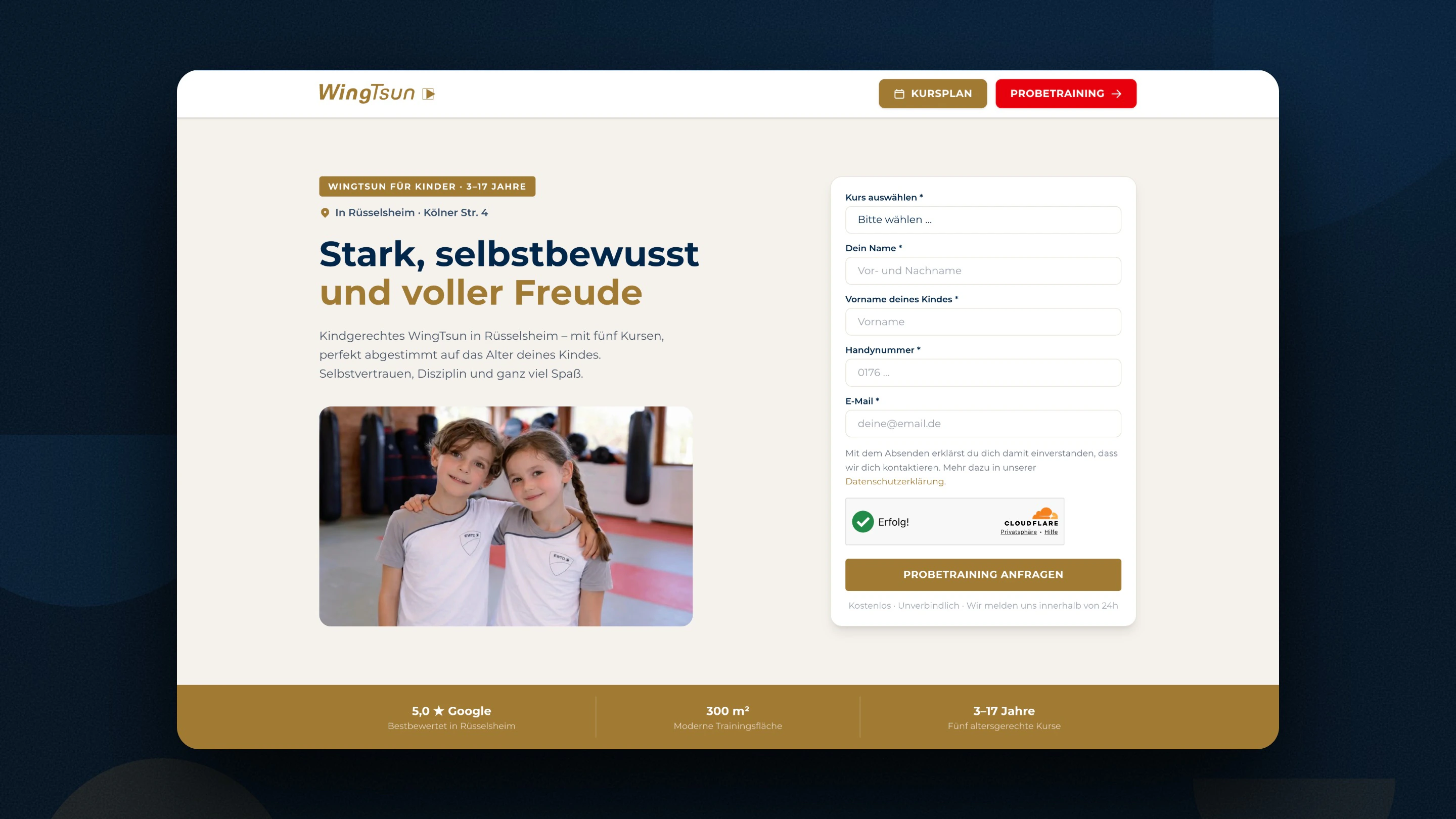 Die Kinder-Landingpage auf dem Rechner: links „Stark, selbstbewusst und voller Freude“, rechts das Anfrage-Formular fürs Probetraining — im ersten Blick, ohne Scrollen.