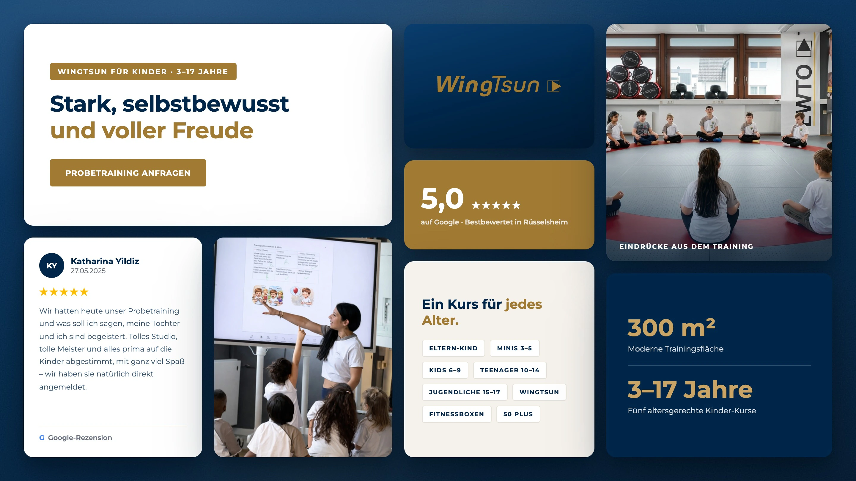 Die Elemente der Seite als Mosaik auf dunkelblauem Grund: der Kinder-Hero, eine Google-Stimme, die 5,0 auf Gold, die Kurs-Übersicht für jedes Alter, Fotos aus dem Training und die Wortmarke.