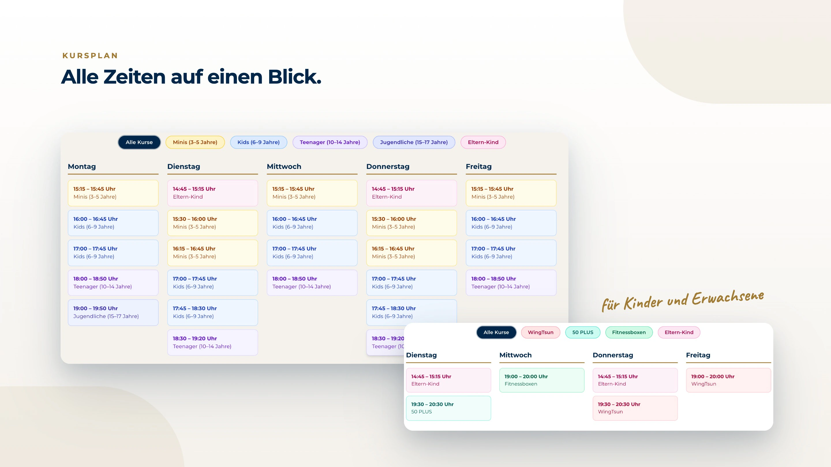 Der Kursplan „Alle Zeiten auf einen Blick“ auf heller Fläche: die Wochenübersicht der Kinderkurse mit Filtern nach Kurs, daneben der Plan der Erwachsenen.