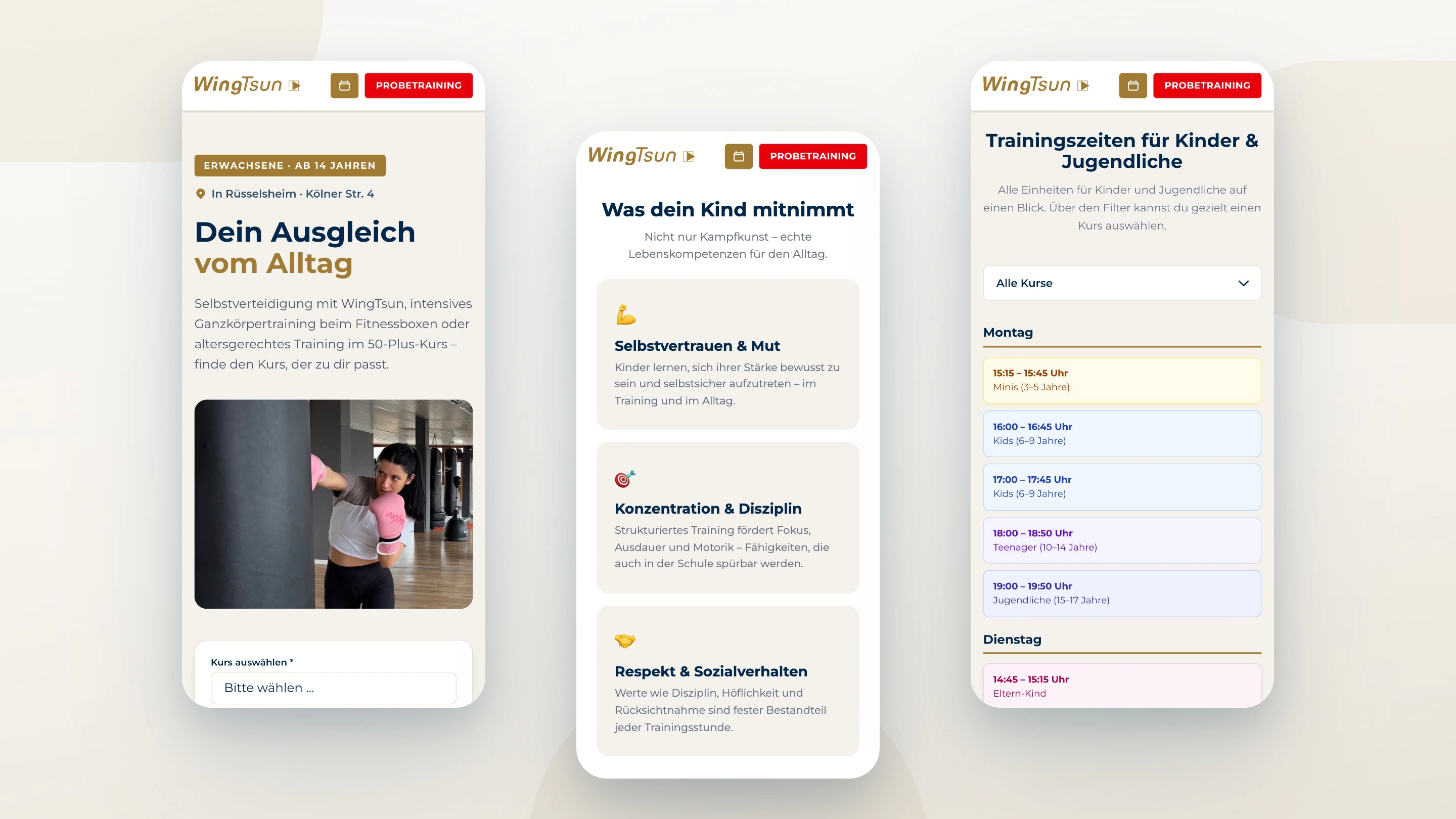 Drei Handy-Ansichten auf heller Fläche: der Erwachsenen-Hero, die Argumente fürs Kindertraining und die Trainingszeiten der Kinder mit Kursfilter.